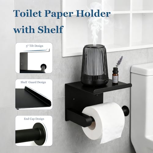 4-Pieces Wall Mount Bathroom Accessories Bathroom Hardware Set,23.6 Inch Stainless Steel Waterproof Towel Bars,Toilet Paper Holder with Shelf,Towel Ring,Coat Hook,Matte Black - color: Matte Black 4pc - Round