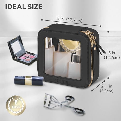 Prite Mini Clear Makeup Bag for Purse Cute Small Travel Cosmetic Bag for Women Waterproof Toiletry Bag Leather Makeup Pouch with Gold Zipper(Black) - color: Black, size: Mini - Single Layer