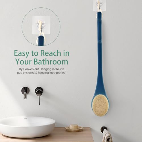 Back Scrubber for Shower, 17-Inch Shower Brush for Men and Women, Long Handle Exfoliating Body Brush, Medium Bristle Stiffness for Dry or Wet Brushing (Navy Blue) - size: 17 in - Navy Blue