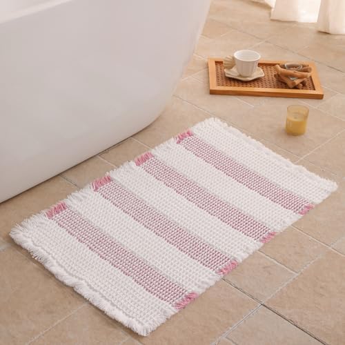 Waffle Bath Mat Non Slip, Boho Bathroom Rug, Super Absorbent Quick Dry Bathroom Mat, Soft Farmhouse Bath Rug with Tassels, Small Washable Shower Mats for Floor 20"x32", White and Pink - color: Pink and White, size: 1'8" x 2'8" (Rectangular)