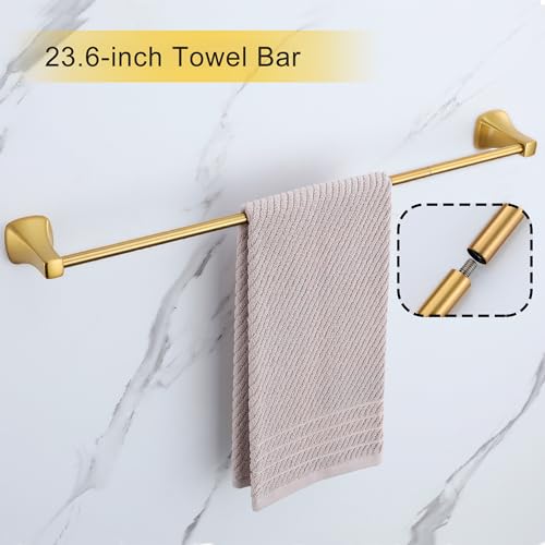 Brushed Gold Bathroom Hardware Set 4 Piece Gold Bathroom Accessories Set, 23.6 inch Bath Towel Bar Set | Towel Hook | Toilet Paper Holder | Hand Towel Holder - color: Brushed Gold