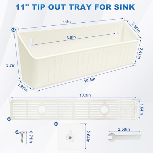 Upgraded 11" Tip-Out Plastic Sink Trays Kitchen Sink Tip Out Tray with 8X Mounting Screws and 4X Adhesive Screws for Kitchen Sink and Bathroom Base Cabinets, Large Pullout Vanity Shelf Home Organizer