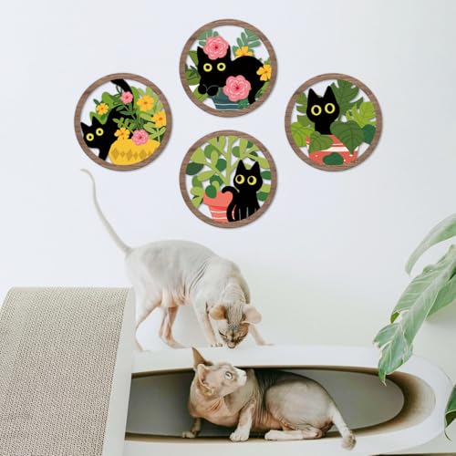 TOARTi 4PCS Boho Black Cat Wall Art Farmhouse Floral Cat Hanging Wood Sign Botanical Kitten Wall Decor Plant Cats Room Decor Floral Leaves Cat Wooden Sign for Living Room Bedroom Decoration - color: Flower Black Cat Wall Art