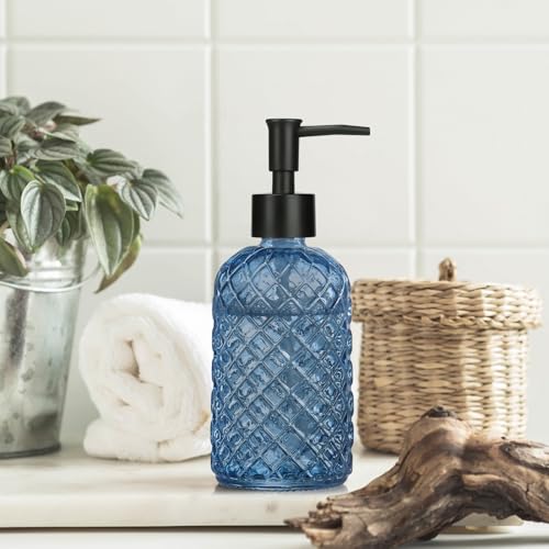 1 Pack 14oz Glass Soap Dispenser with Plastic Pump, Diamond Design Refillable Hand Soap Dispenser for Hand Wash, Bathroom and Kitchen - color: Blue