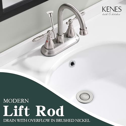 KENES Bathroom Sink Drain Stopper Assembly with Lift Rod, Brushed Nickel Sink Drain with Overflow, Lavatory Pop Up Drain Assembly for Bathroom Vanity Sink, LJ-P701 - color: Brushed Nickel, size: Small Pop up Cap (With Overflow)