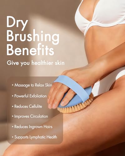 Dry Brushing Body Brush for Massage - Natural Boar Bristle Exfoliating Brush with Massage Nodes for Lymphatic Drainage, Cellulite, Blood Circulation Improving Skin Health for Women Men Elderly(Blue) - size: Round 4.3 in-Blue