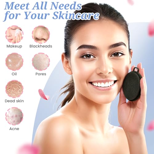 Silicone Back & Body & Face Scrubber Set 3PCS, Gentle Exfoliating Back & Body Scrubber with Dual-Side Brush Head, Hygienic Silicone Loofahs with Soft Bristle and Non-Slip Handle(Black-3PC) - color: Black*3