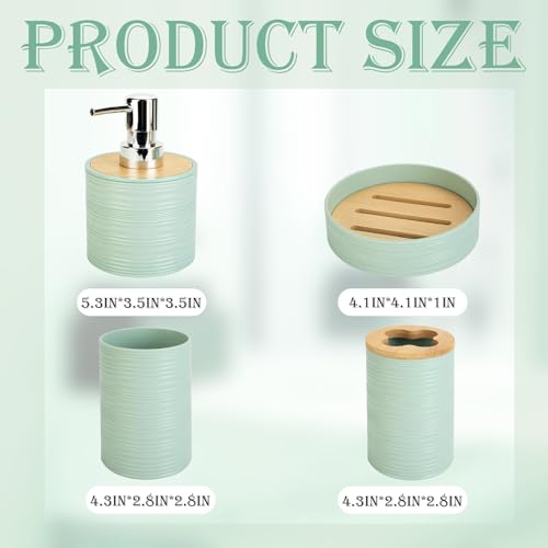 Bathroom Accessories Set 4 Piece Bamboo Bath Ensemble Includes Soap Dispenser and Toothbrush Holder Set, Soap Dish and Mouthwash Cup.Bohemian Style-Brief but not Simple(Green)