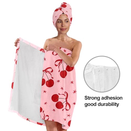 Women’s Pink Cherry Spa Wrap & Hair Towel Set - Soft Microfiber Body Wrap with 3-Snap Closure, Absorbent Quick Dry Hair Turban, Cute Coquette Bow Aesthetic Bathrobe (Cherry 12, Medium) - color: Cherry 12