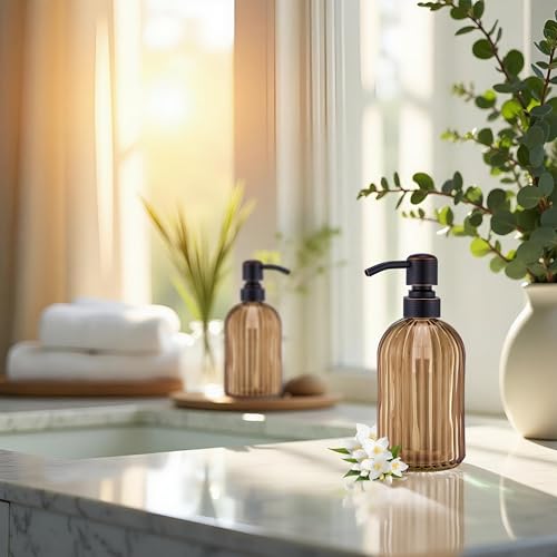 16 OZ Amber Glass Soap Dispenser, Amber Stripe Bathroom Hand Soap Dispensers with Stainless Steel Bronze Pump,Brown Glass Kitchen Hand Soap Dispenser with Oil Rubbed Bronze Pump,2 Packs - color: Oil Rubbed Bronze+amber, size: 2-Pack