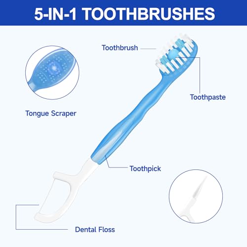 Mini Disposable Toothbrushes with Toothpaste 26 pcs 5 in 1 Travel Portable Toothbrush with Toothpaste + Tongue Scraper + Picks+Floss Travel Case (Mix 5 Flavors, 26)