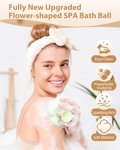 2026 Super Soft Flower-Shaped Suction Cup Bath Sponge, Upgraded 2-in-1 Flower-Shaped Ball Exfoliating Bath loofah Cleaning Brush, Mesh Shower Body Sponge Accessories for Women, Men Shower (2 Color) - style: Fruit Green+Cherry Blossom Pink