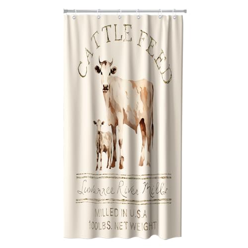 Farmhouse Abstract Animal Cattle Feed Cow Rustic Fabric Shower Curtain Sets Bathroom Decor with Grommets and Hooks - 36 W x 72 H Inch Ivory White - size: 36"W x 72"L (Pack of 1)