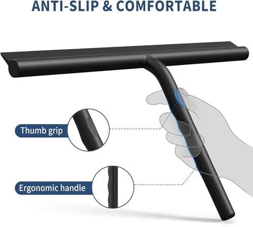 ecooe Silicone Shower Squeegee with Hanger, 13″/33cm Shower Glass Cleaner Wiper, Black Window Squeegee Scraper with Stainless Steel Core for Home Bathroom Kitchen Car Glass Doors - size: 01-Black 13″/33cm