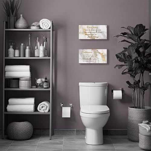 DONFENTHY 2 Pieces White Gold Bathroom Decor Bathroom Rules Wall Art Rustic Farmhouse wooden Sign for Toilet (White Gold 12x6") - color: White