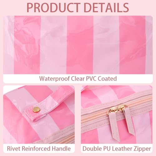 DYSHAYEN Stripe Travel Makeup Bag with Compartments Clear Coated Cosmetic Bag for Women, Waterproof Portable Open Flat Toiletry bag （Pink-Hot Pink） - color: Pink-Hot Pink