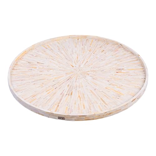 PEMAR 22" Round Mother of Pearl Extra Large Ottoman Tray with Raised Edge, Oversized Decorative Luxury Wooden Serving Tray for Food, Coffee Table, Breakfast in Bed (White Cream Sunlight)