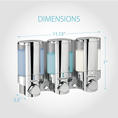 Better Living Products 76345 AVIVA Three Chamber Dispenser, Chrome | 3 Chamber, Shower Dispenser for Bathroom, Built-in Hooks, No Drill, Waterproof Shampoo Soap Dispenser Pump - color: Chrome, size: 3-Chamber