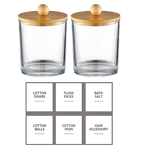 Glass Apothecary Jars with Bamboo Lids for Bathroom Organization, Q tip Holder and Cotton Ball Holder are Great for Farmhouse Decor, Rustic Bathroom Decor-2 Pack