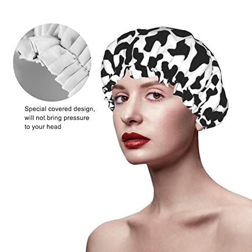 Black And White Cow Skin Abstract Animal Farm Shower Cap For Women Adjustable Double Waterproof Layers Bathing Bath Cap Hair Protection Reusable Ladies Spa Salon Shower Hat - color: Balck And White Cow Skin Abstract Animal Farm