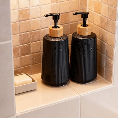 Glass Soap Dispenser, Thickened Glass Hand Soap Dispenser for Bathroom, Kitchen Dish Washing Liquid Bottles, Shampoo and Conditioner Bottles, Modern Farmhouse Style (Black, Set of 2, 12oz)