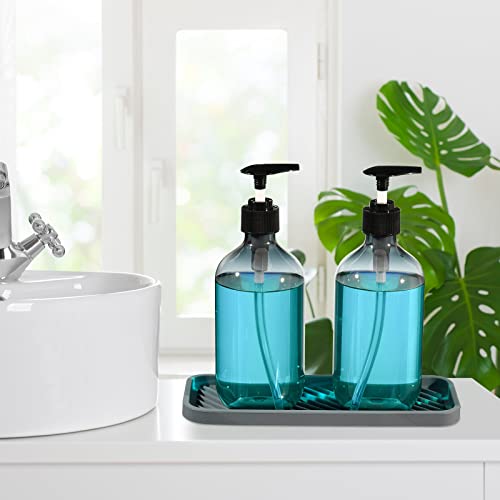 4 Pieces Kitchen Soap Dispenser Set Includes 16 oz Plastic Dish Soap Hand Dispenser was with Silicone Tray and Labels, Brush and Drip Tray(Black, Gray)