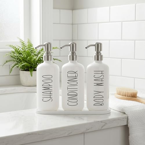 MOMEEMO Refillable Shampoo and Conditioner Bottles with Tray, Shower Shampoo Dispenser for Shower, Body Wash Dispenser for Shower, Shampoo Conditioner Dispenser with Stainless Steel Pumps (White) - color: White Silver