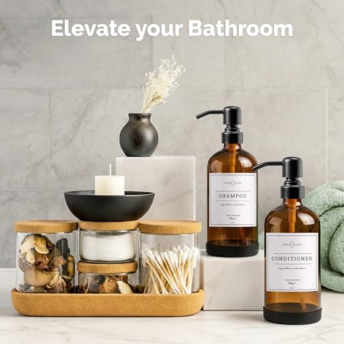 Vine Creations Amber Glass Soap Dispenser, 2 Pack Kitchen Soap Dispenser Set with Stainless Steel Pump, 16 oz Dish Soap and Hand Soap Dispensers for Bathroom with Waterproof Labels - color: Amber Bottle / Matte Black Pump