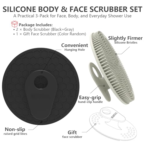Silicone Body and Face Scrubber Set 3 Pack, BEAUTAIL Shower Bath Scrubber, Gentle Exfoliating Brush for Women Men Baby Sensitive Skin, More Hygienic Than Traditional Loofah, Long Lasting, Black+Gray - color: Black+gray