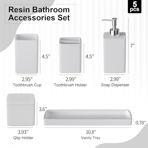 White Bathroom Accessories Set 5 Pieces, Resin Toothbrush Holders Set Complete with Soap Dispenser, Toothbrush Holder, Vanity Tray, Bathroom Tumbler and Qtip Holder for Small Spaces - size: 5 Pcs Bathroom Set, style: White