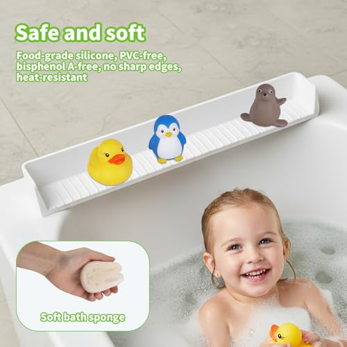 Bathtub Splash Guard for Tub Kids, 31 Inch White Bath Play Shelf, Longer Silicone Bathtub Guard Play with 11 Suction Cups, Toy Tray Caddy Holder for Tub,Water Leak & Splash-Proof, with 1pc Bath Sponge