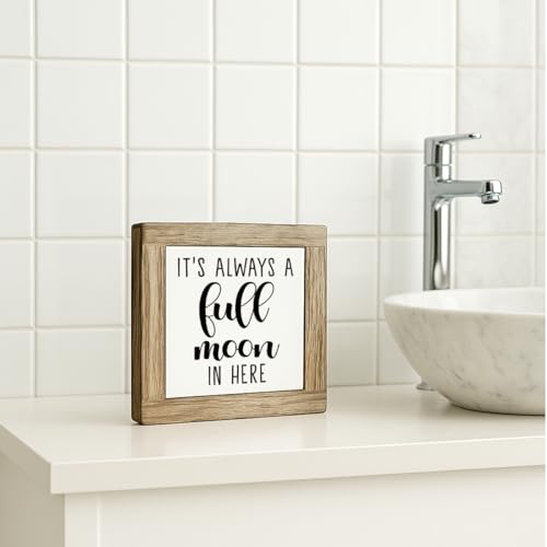 Funny Bathroom Decor Sign, It's Always a Full Moon in Here, Tabletop Wooden Block Signs for Bathroom, Rustic Toilet Wooden Table top Sign, Restroom Small Decor for Shelves 5.9×5.9 inch - color: color40