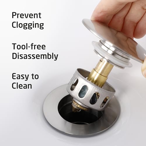 KES Bathroom Sink Drain with Strainer Basket Hair Catcher Anti Clog Pop Up Drain Stopper Vanity Vessel Sink Without Overflow, Brushed Nickel All Metal Rustproof 304 Stainless Steel, S2013D-BN - color: Brushed Nickel, style: for NO overflow sink,1-pack