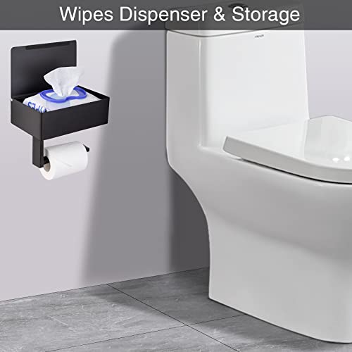 Adhesive Toilet Paper Holder with Shelf and Storage, Wall Mount Toilet Paper Roll Holder & Flushable Wipes Dispenser Set Fits Any Bathroom, Stainless Steel Tissue Holder-Square, Matte Black - color: Black Square