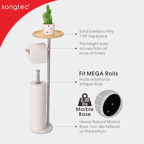 Toilet Paper Holder Stand with 7.9" Big Bamboo Tray, 2.2Lbs Heavier Marble Base, Floor Standing Paper Holder Stand with Phone Shelf, Reserve for 4 Rolls (Brushed Nickel) - color: Brushed Nickel