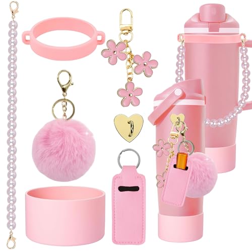 Compatible for Owala Accessories Bundle: Silicone Boot for FreeSip Sway 30oz & 40oz Bottles, Charms, Pearl Handle Strap, Rubber Bottom & Decorative Add-ons - color: Pink Peony