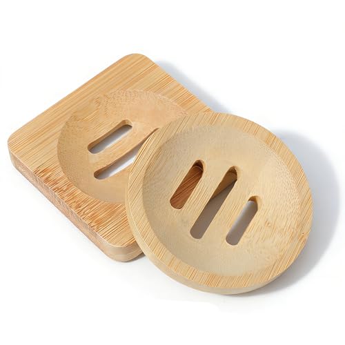 Ymapinc 2-Pack Bamboo Soap Holder, Round+Square for Home Shower Bathroom | Natural Bamboo Soap Dish & Shower Steamer Holder, Wood Tray