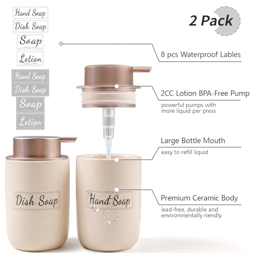 BosilunLife Apricot Soap Dispenser Set - 2 Pack 12oz Ceramic Dish Soap Dispenser with Rust Proof Pump for Kitchen, Hand Soap and Lotion Set Suitable for Farmhouse Bathroom Decor with Waterproof Labels - color: Apricot-liquid Pump
