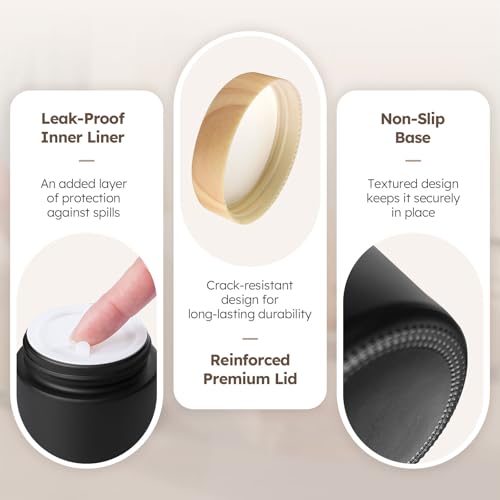 2 oz Matt Black Glass Jars with Lids, 3 Pack Small Glass Containers with Plastic Woodgrain Lids & Inner Liners, Empty Reusable Airtight Cosmetic Containers for Tea, Coffee, Creams, Lotion, Spice - color: Black