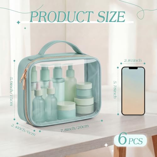 Abbylike 6 Pcs Clear Makeup Bags Bulk 7.9 x 5.9 x 2.4 Inches Quart Size Approved PU Leather Toiletry Bag with Handles Small PVC Clear Travel Cosmetic Case for Women Wedding Bridal Gifts(Lake Bule) - color: Lake Bule