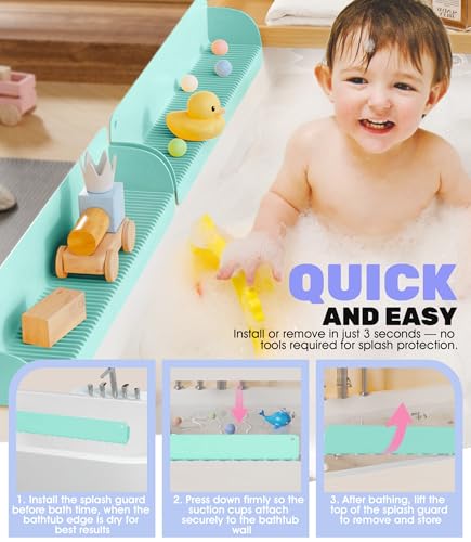 Splash Guard for Bathtub, Silicone Bathtub Topper & Bath Storage Tray, Longer and Higher Water Splash Guard, Bathroom Accessories for Family (Green)