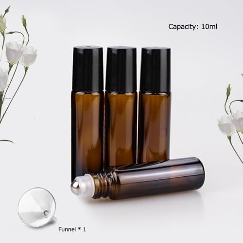 sungwoo 4 Pack Essential Oil Roller Bottles Stainless Steel, 10ml Amber Glass Roller Bottles with Caps for Travel, Perfume and Lip Gloss - color: Amber, style: 4 Pack