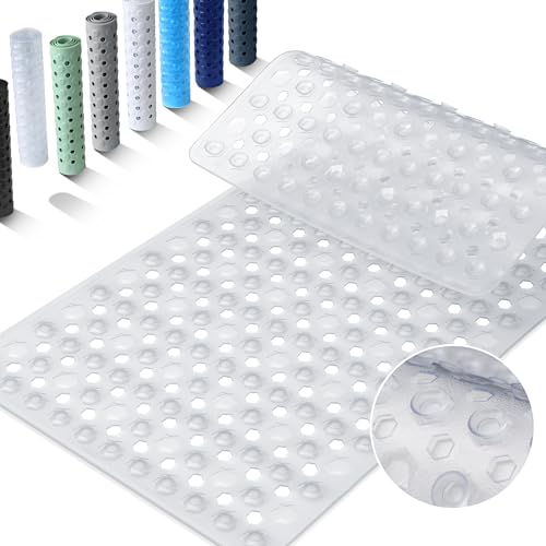 Yimobra Bath Tub Mat Non Slip, 34.5"X15.5" Long Shower Mat, Machine Washable Bathmat with Drain Holes and Suction Cups, Soft on Feet, Bathroom Essentials, Clear - color: Clear, size: 34.5 X 15.5 Inch
