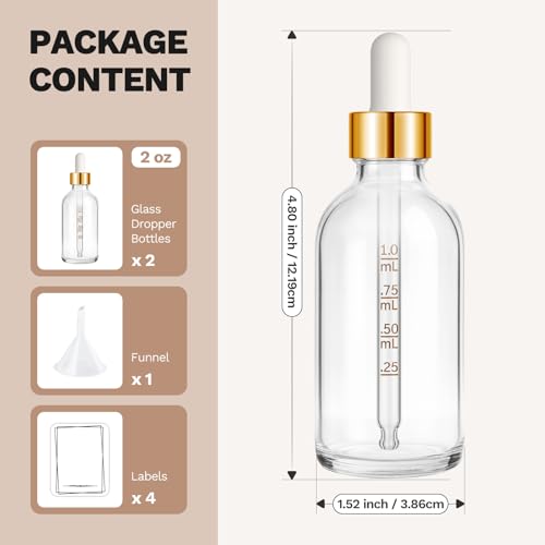 Bumobum 2 Pack, 2 oz Golden Cap Clear Glass Eye Dropper Bottle with Labels and Funnel, Leakproof Tincture Bottle with Measured Dropper for Essential Oils Bottles - color: Clear Golden Cap