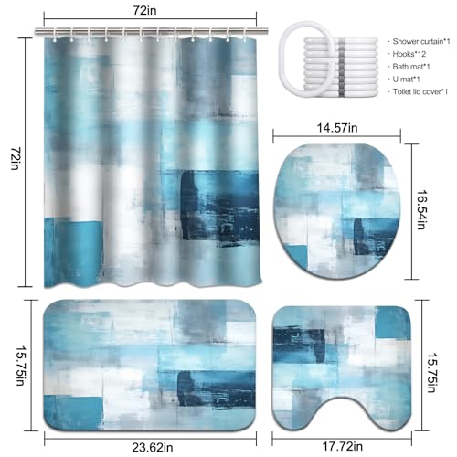 Lnond 4Pcs Bathroom Shower Curtain Sets with Rugs,Turquoise White Painting Art Bathroom Sets with Shower Curtain and Rugs and Accessories - color: Turquoise White