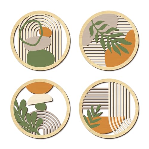TOARTi 4Pieces Boho Botanical Wooden Wall Art,Abstract Bohemian Hanging Art,Farmhouse Geometric Neutral Round Wall Decor,Mid Century Minimalist Aesthetic Plant Artwork for Bedroom Living Room Office - color: 4pcs Boho Botanical Wooden Wall Art