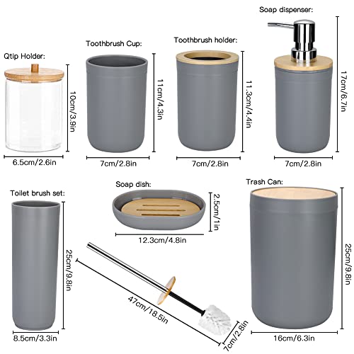 Otostar Grey Bathroom Accessories Set Bamboo Bathroom Set with Qtip Holder Soap Dispenser Toothbrush Holder Tumbler Soap Dish Toilet Brush Holder Trash Can Plastic Bath Set Housewarming Gift (Grey) - style: A-Grey Bamboo Cover Set