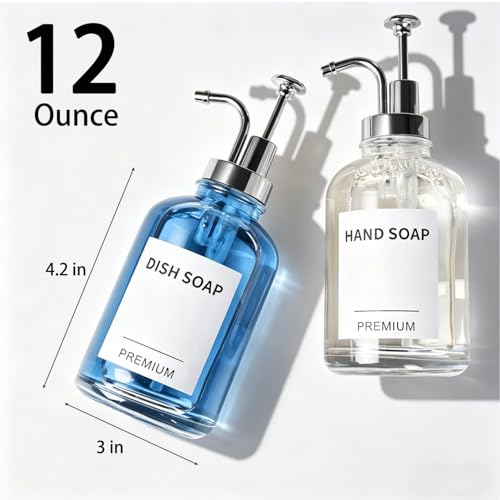 12oz Dish Soap Dispenser for Kitchen, Hand Glass Soap Dispenser Set with Pump, Tray, Funnel for Bathroom, Shower, Laundry, Liquid, Lotion (Silver 2 Pack Clear Bottles with 12 Stickers) - color: Silver, size: 12Oz