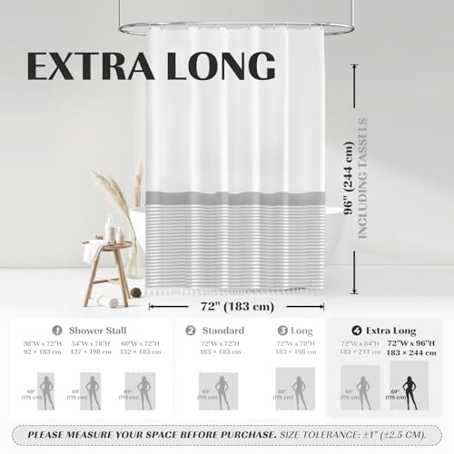 Seasonwood Tassel Fabric Shower Curtain, 96 Inch Extra Long Gray Striped Bathroom Shower Curtain with Tassels White Nordic Chic Polyester Bath Curtain Sets (72 x 96, White) - color: Grey and White, size: 72"W x 96"L (Pack of 1)