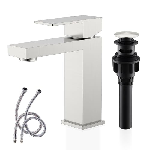 KENES Single Handle Bathroom Sink Faucet, Brushed Nickel Vanity Faucet for Bathroom Sink, with Pop Up Drain Stopper & Water Supply Lines LJ-9031 - color: Brushed Nickel, size: Short